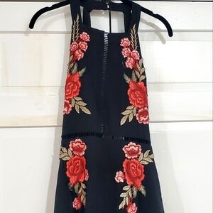 Embroided Floral Rose Spanish Style Halter Maxi Dress
